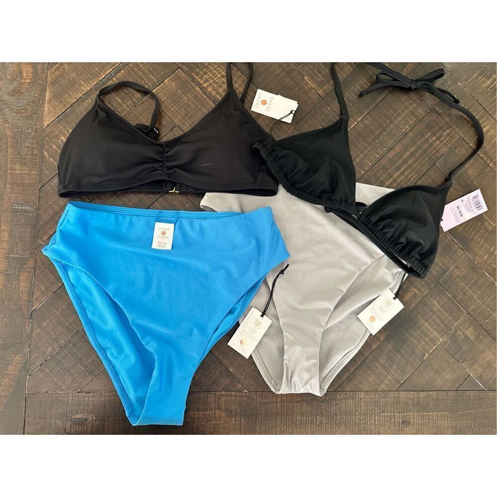 Shade and Shore Black Blue Gray 4 Piece Bikini Bundle Size Medium New